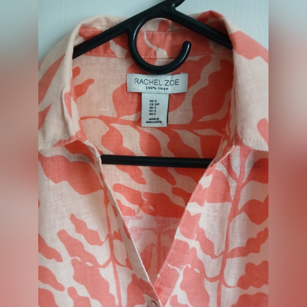 Rachel Zoe 100% Linen Orange Leaf Print Blouse SzSm Oversized Roll Tab Sleeve - Picture 3 of 9